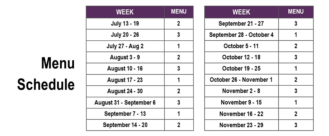 Menu Schedule for Week July 13-19 through November 23-29